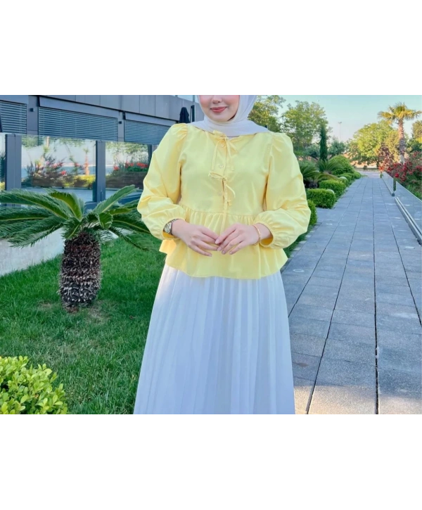 Önden Bağcıklı Kısa Gömlek - Sarı