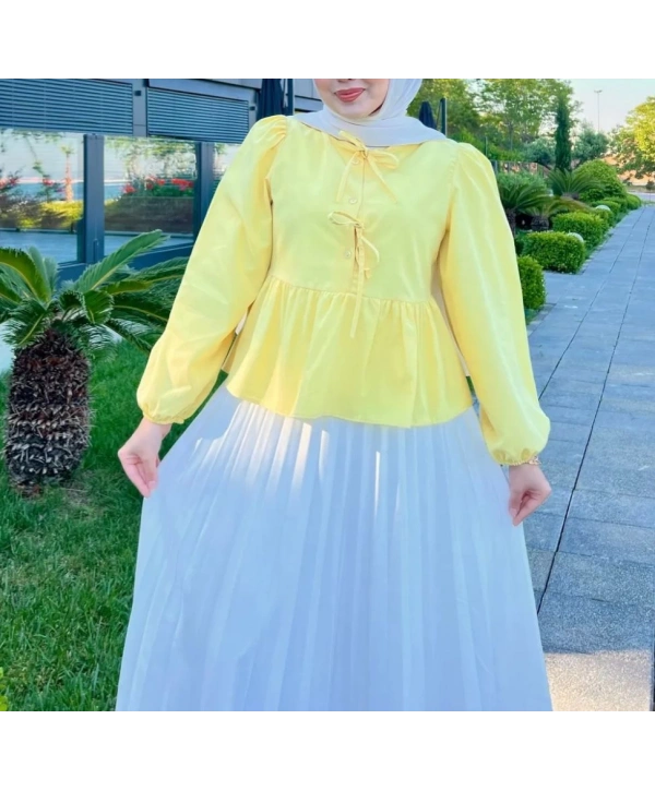 Önden Bağcıklı Kısa Gömlek - Sarı