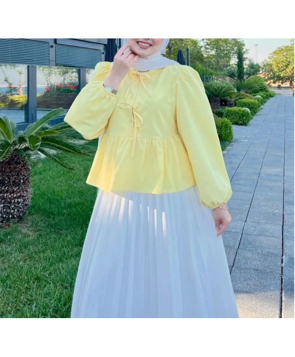 Önden Bağcıklı Kısa Gömlek - Sarı