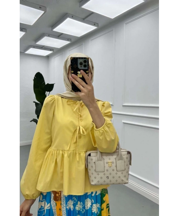 Önden Bağcıklı Kısa Gömlek - Sarı