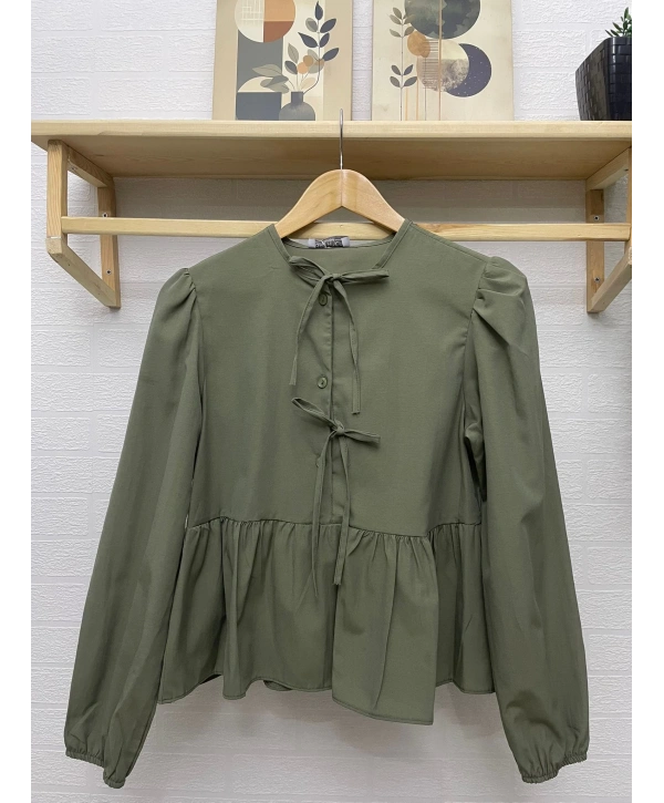 Önden Bağcıklı Kısa Gömlek - Yeşil