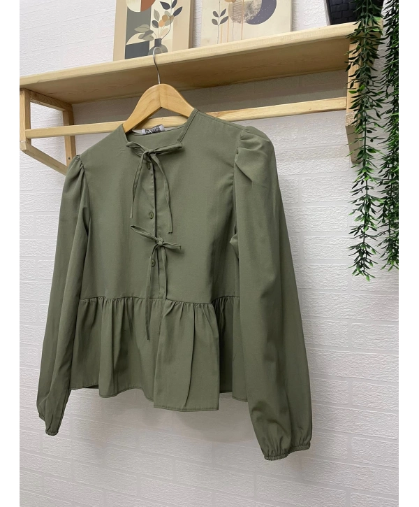 Önden Bağcıklı Kısa Gömlek - Yeşil