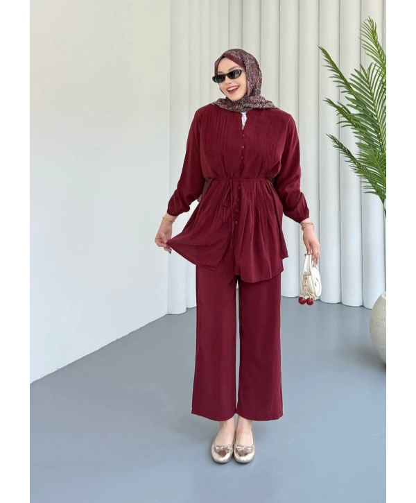 Önden Düğmeli Kuşaklı Takım