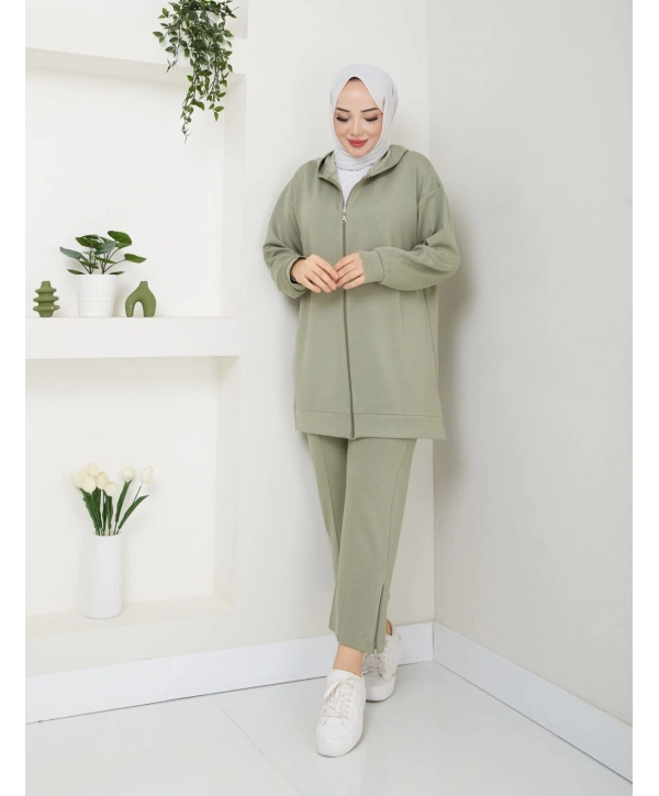 Paçası Fermuarlı Kapüşonlu Ikili Takım - Kadın Yeşil