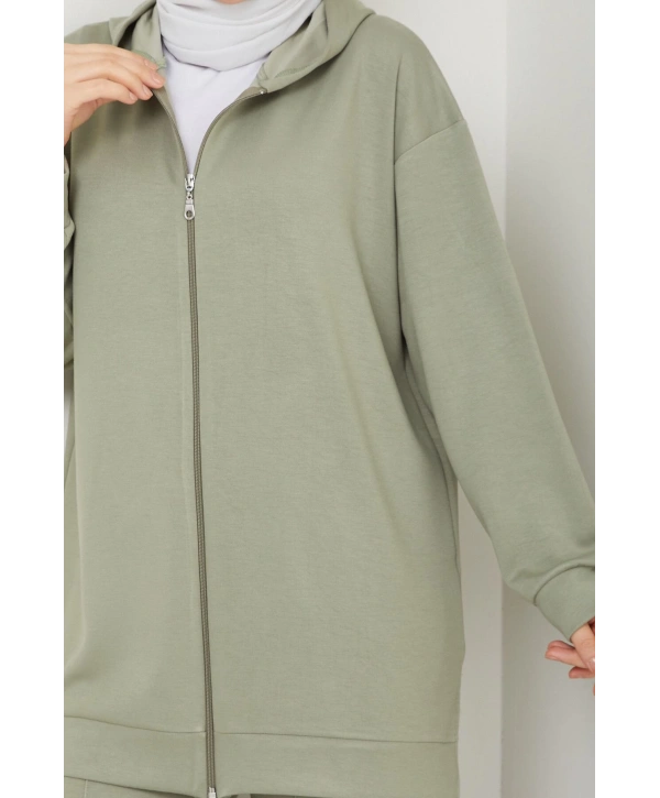 Paçası Fermuarlı Kapüşonlu Ikili Takım - Kadın Yeşil