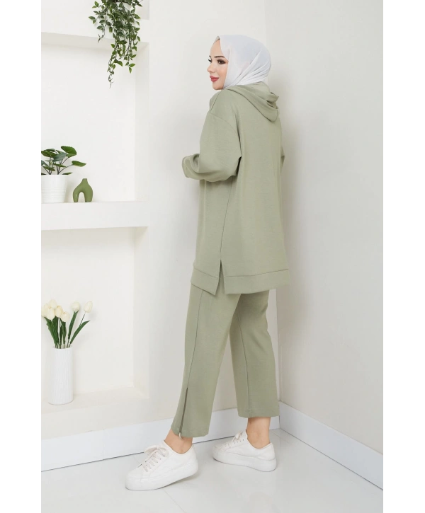 Paçası Fermuarlı Kapüşonlu Ikili Takım - Kadın Yeşil