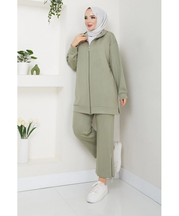 Paçası Fermuarlı Kapüşonlu Ikili Takım - Kadın Yeşil