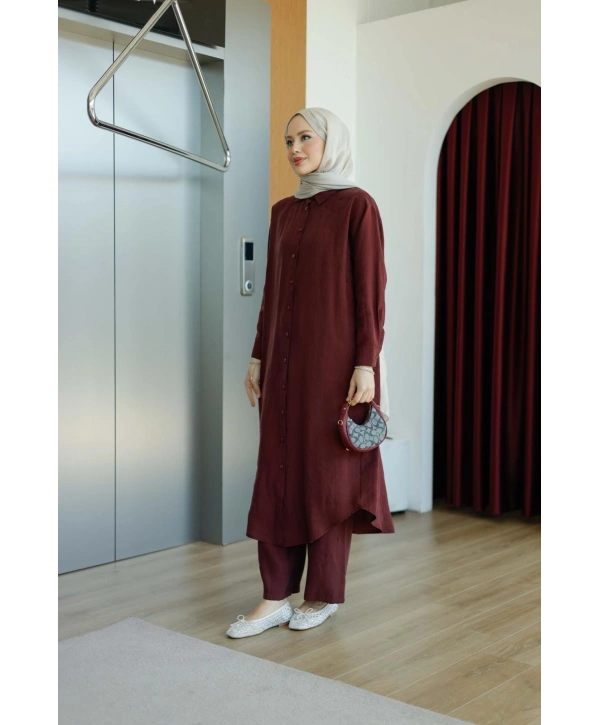 Pantolonlu Uzun Gömlekli Takım - Bordo