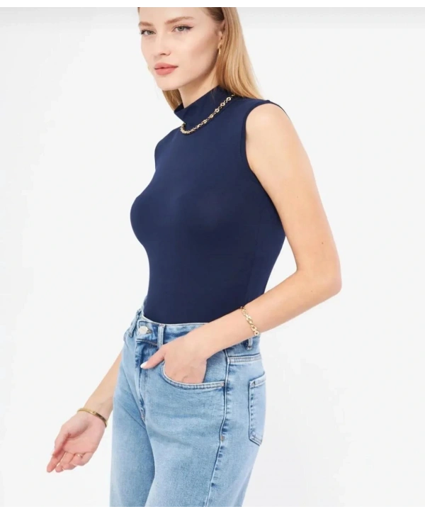 Penye Kumaş Boğazlı Badi - Lacivert