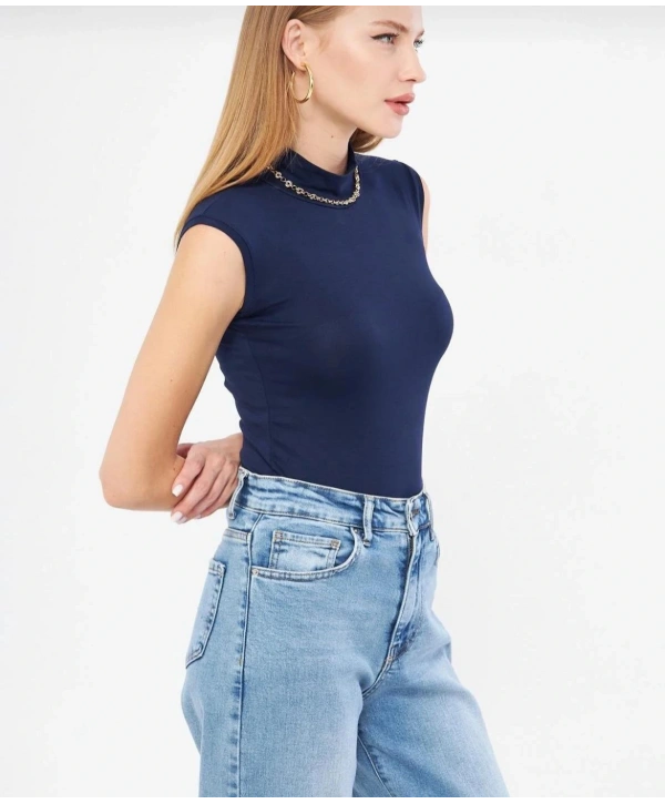 Penye Kumaş Boğazlı Badi - Lacivert