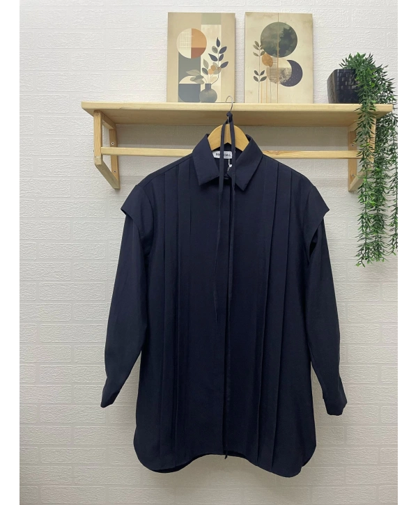 Pile Detaylı Kuşaklı Tunik - Lacivert