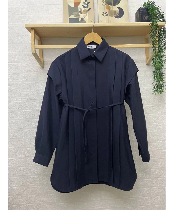 Pile Detaylı Kuşaklı Tunik - Lacivert