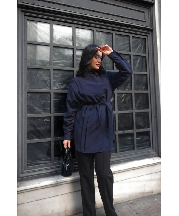 Pile Detaylı Kuşaklı Tunik - Lacivert