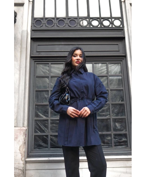 Pile Detaylı Kuşaklı Tunik - Lacivert