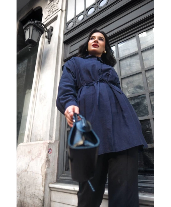 Pile Detaylı Kuşaklı Tunik - Lacivert