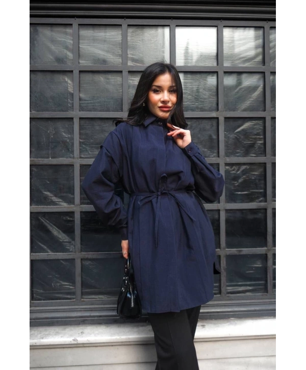 Pile Detaylı Kuşaklı Tunik - Lacivert