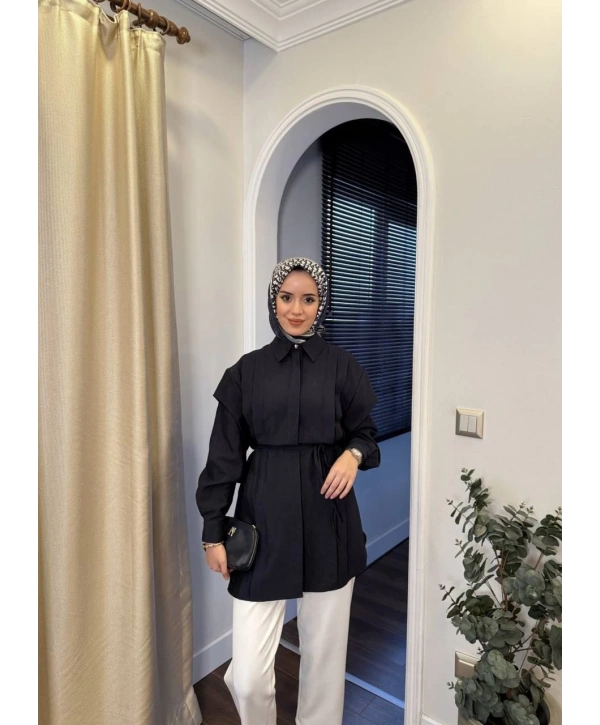 Pile Detaylı Kuşaklı Tunik - Siyah