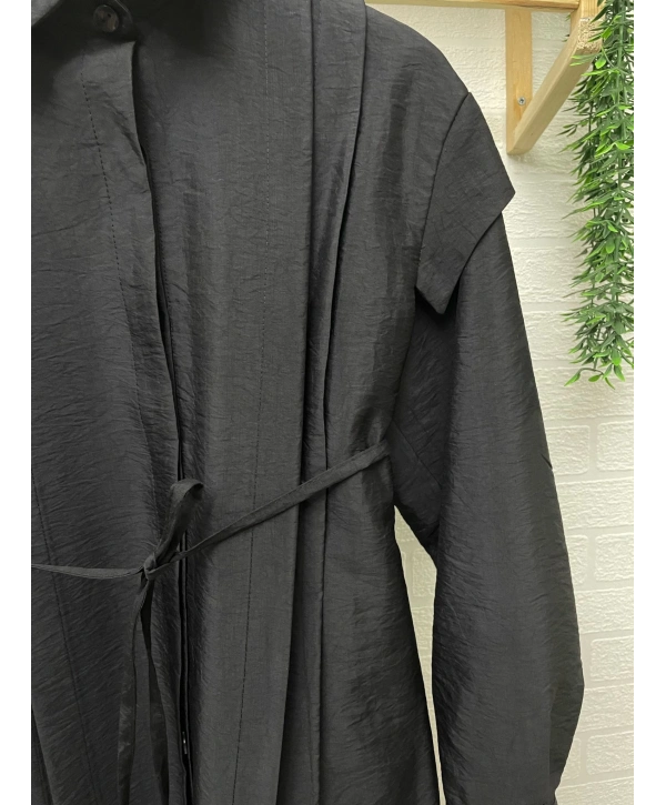 Pile Detaylı Kuşaklı Tunik - Siyah