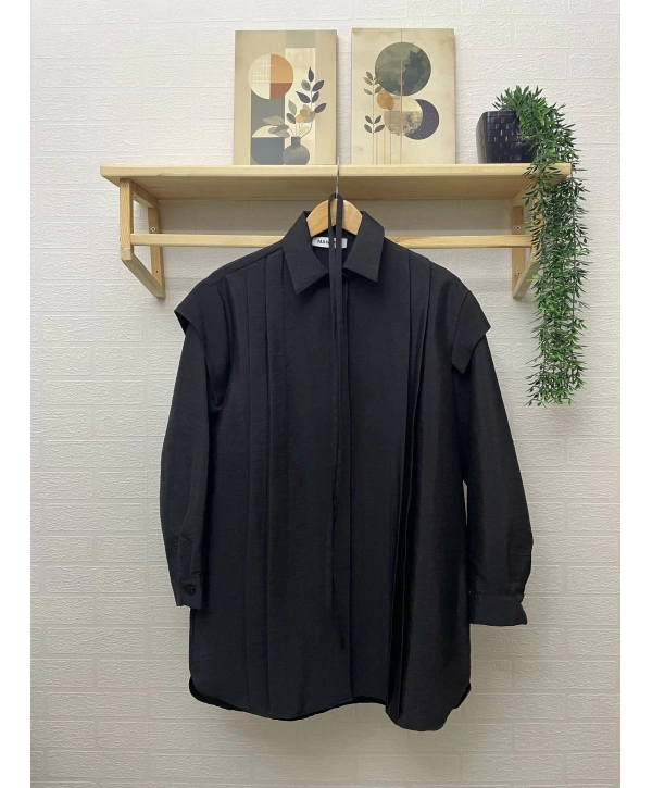 Pile Detaylı Kuşaklı Tunik - Siyah