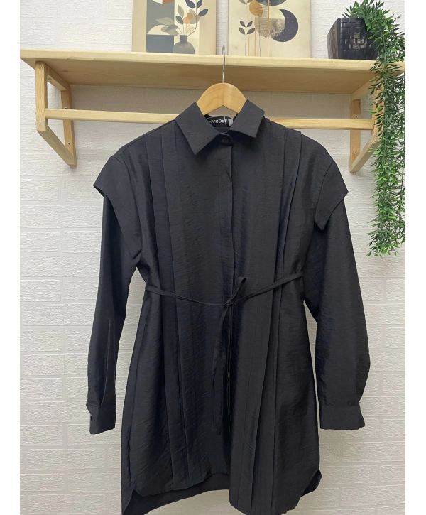 Pile Detaylı Kuşaklı Tunik - Siyah