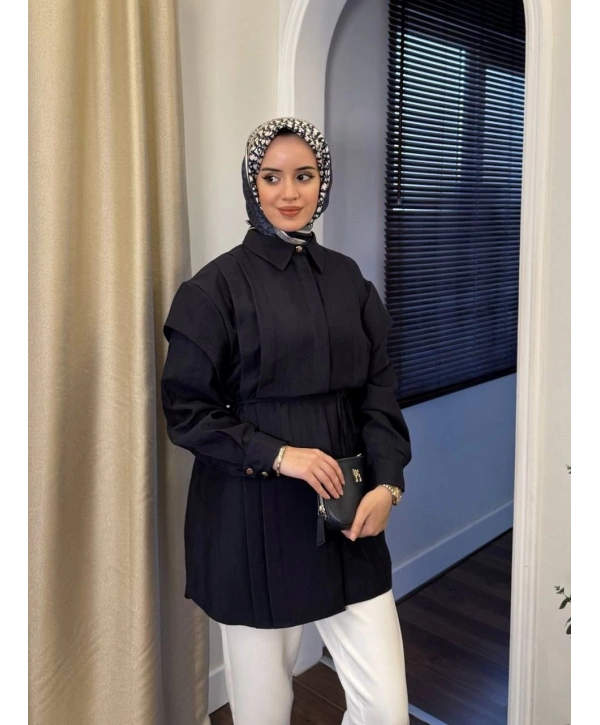 Pile Detaylı Kuşaklı Tunik - Siyah