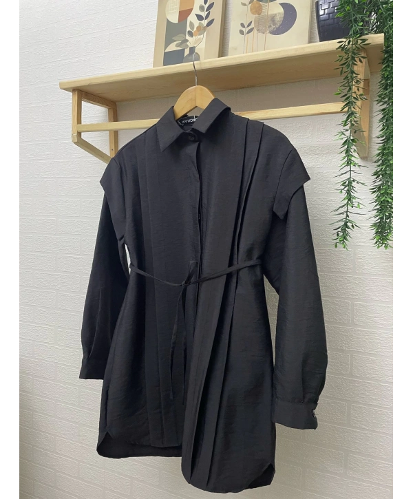 Pile Detaylı Kuşaklı Tunik - Siyah