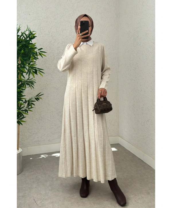 Piliseli Şeritli Triko Elbise - Bej