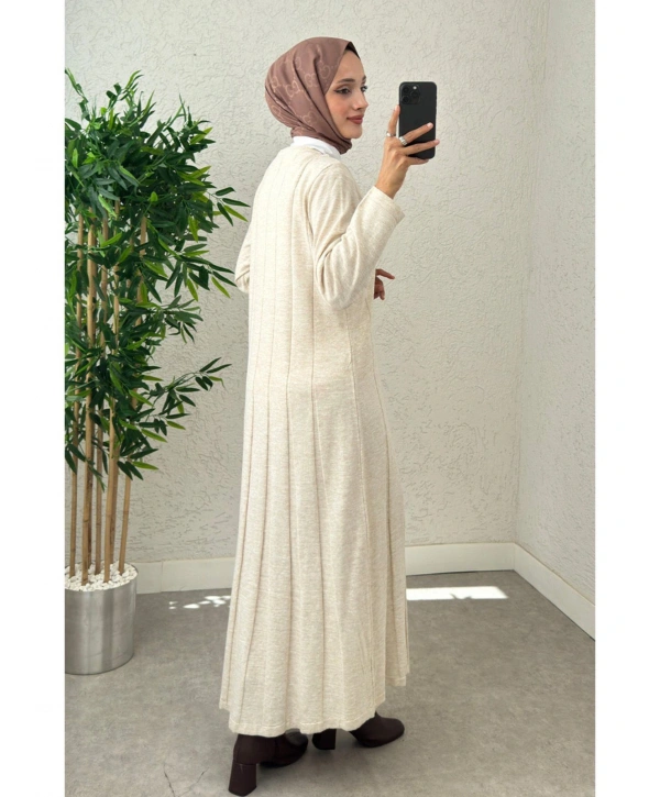 Piliseli Şeritli Triko Elbise - Bej