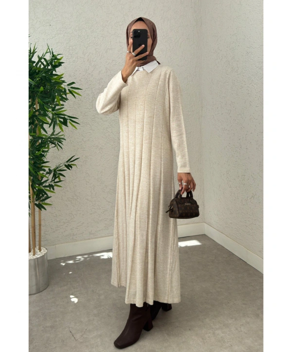 Piliseli Şeritli Triko Elbise - Bej