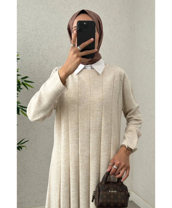 Piliseli Şeritli Triko Elbise - Bej