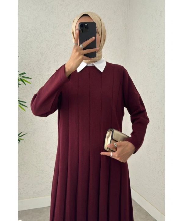 Piliseli Şeritli Triko Elbise - Bordo