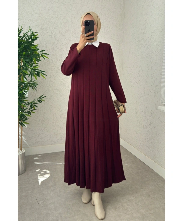 Piliseli Şeritli Triko Elbise - Bordo