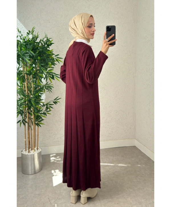 Piliseli Şeritli Triko Elbise - Bordo