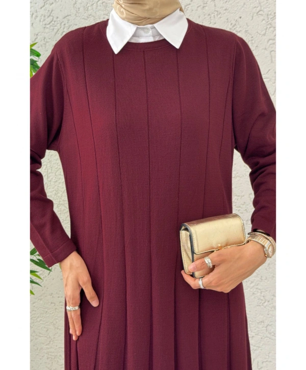 Piliseli Şeritli Triko Elbise - Bordo