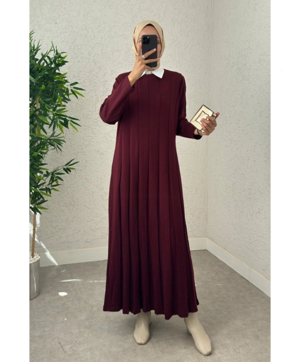 Piliseli Şeritli Triko Elbise - Bordo