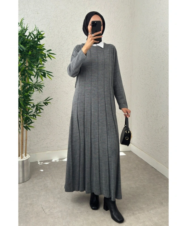 Piliseli Şeritli Triko Elbise - Gri