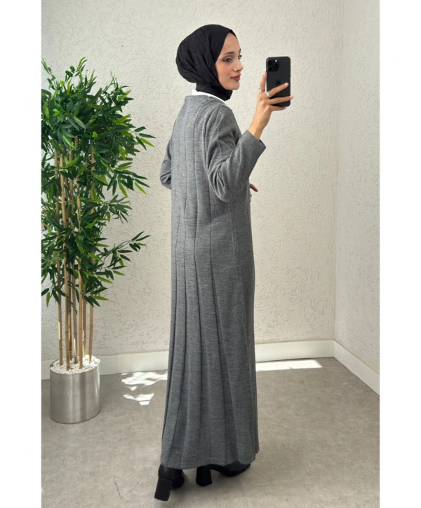 Piliseli Şeritli Triko Elbise - Gri