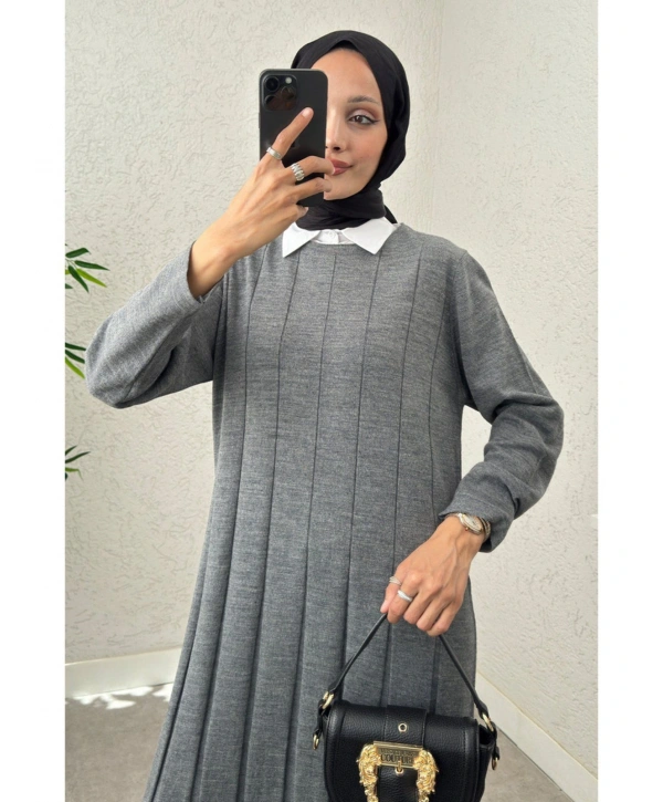 Piliseli Şeritli Triko Elbise - Gri