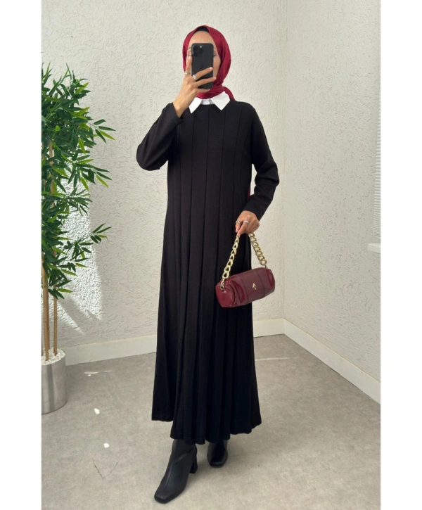 Piliseli Şeritli Triko Elbise - Siyah