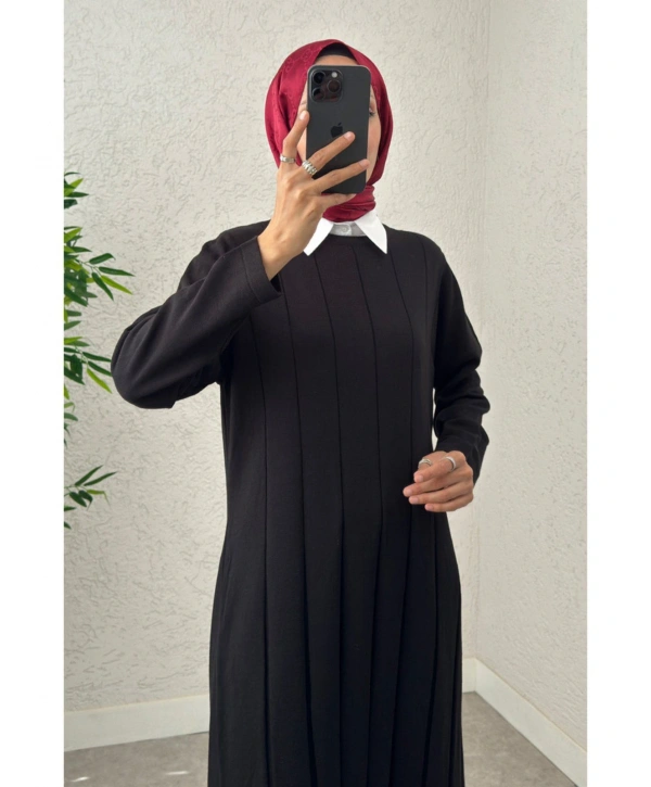 Piliseli Şeritli Triko Elbise - Siyah