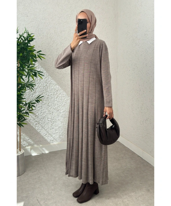 Piliseli Şeritli Triko Elbise - Vizon