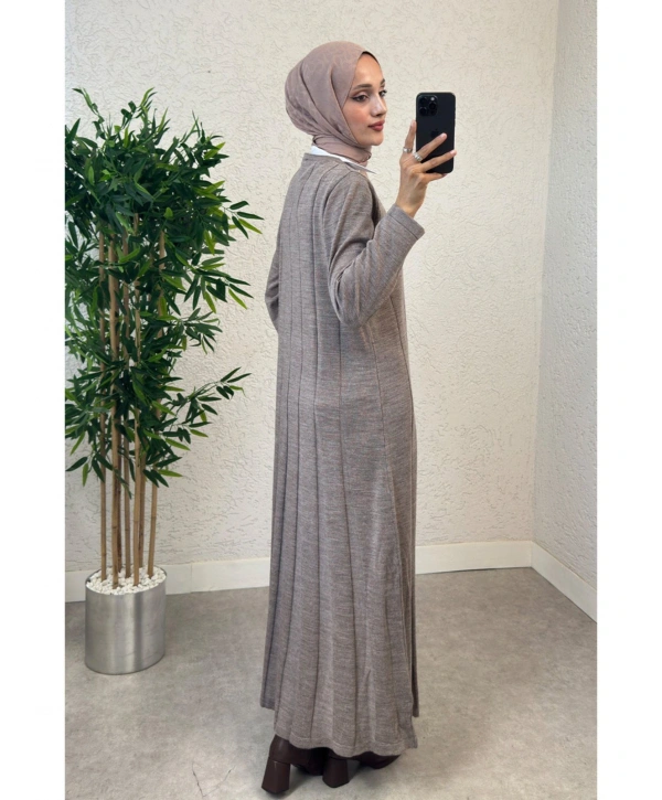 Piliseli Şeritli Triko Elbise - Vizon