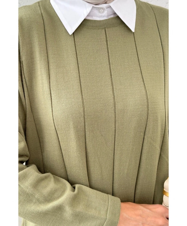 Piliseli Şeritli Triko Elbise - Yeşil