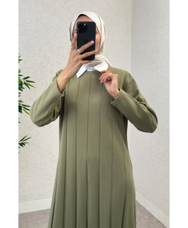 Piliseli Şeritli Triko Elbise - Yeşil