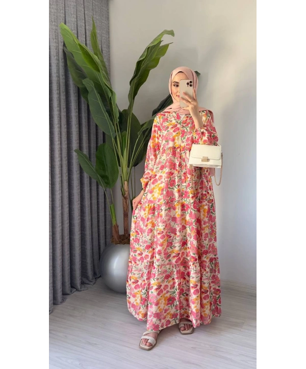 Rana Çiçekli Elbise - Pembe