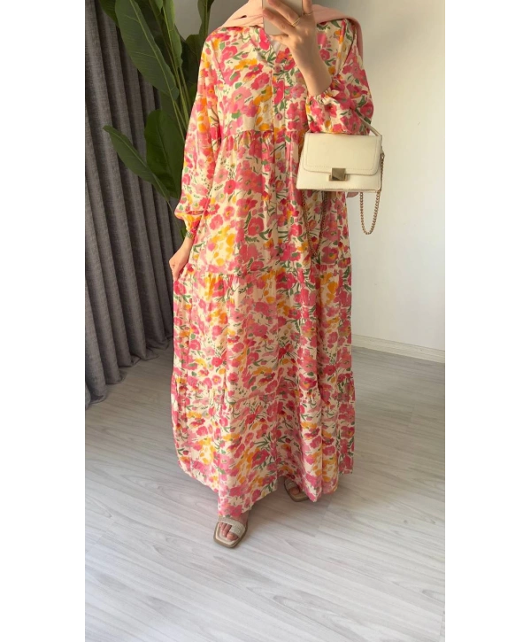 Rana Çiçekli Elbise - Pembe