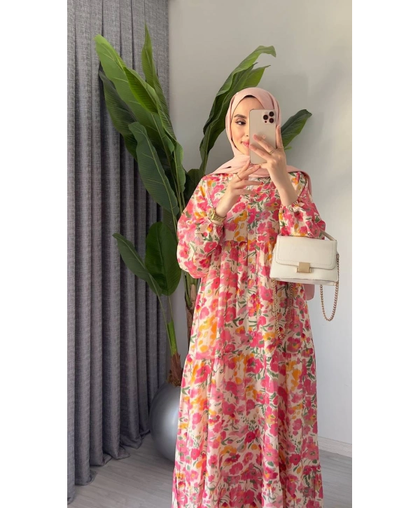 Rana Çiçekli Elbise - Pembe