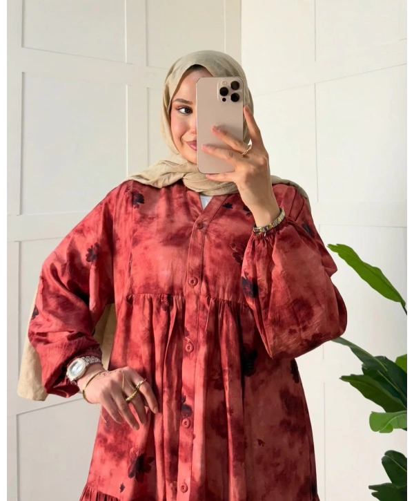 Rana Çiçekli Elbise - Kırmızı