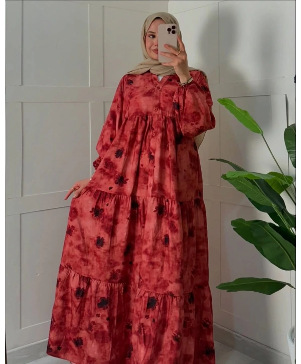 Rana Çiçekli Elbise - Kırmızı