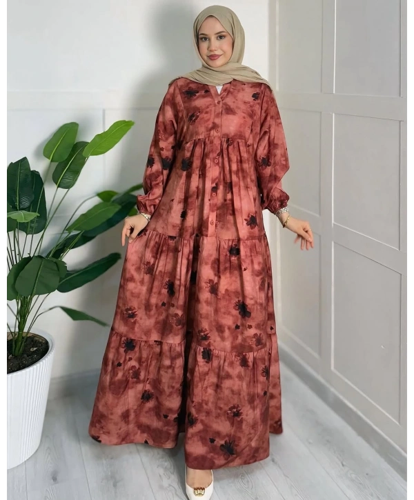 Rana Çiçekli Elbise - Kırmızı